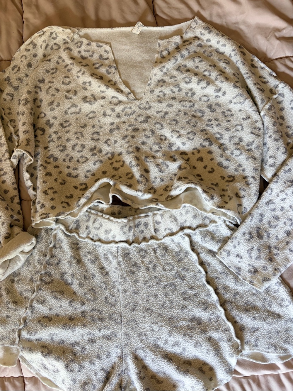 Free People Cream and Gray Leopard-Print Lounge Set